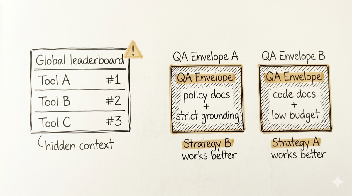 Notebook diagram — a global leaderboard hides context; two QA envelopes flip which strategy works