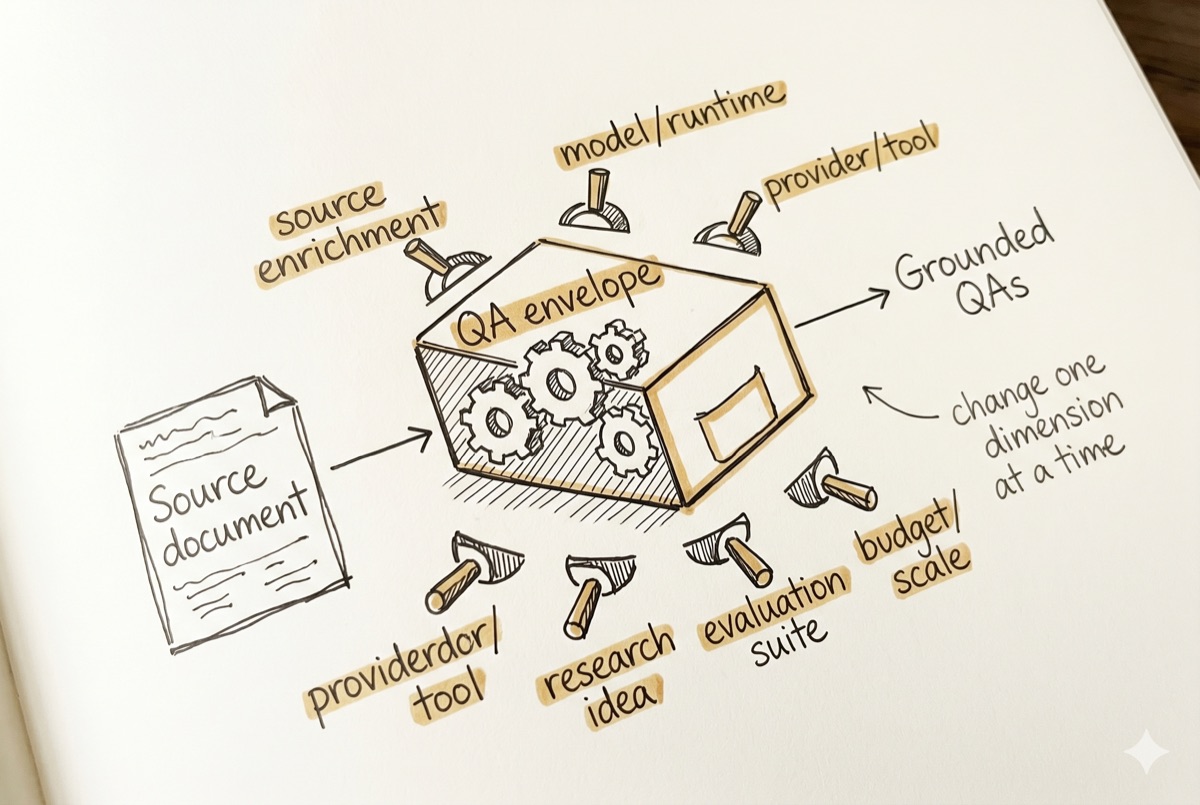 Notebook diagram — QA envelope with six strategy levers around a fixed grounded-document-QA goal